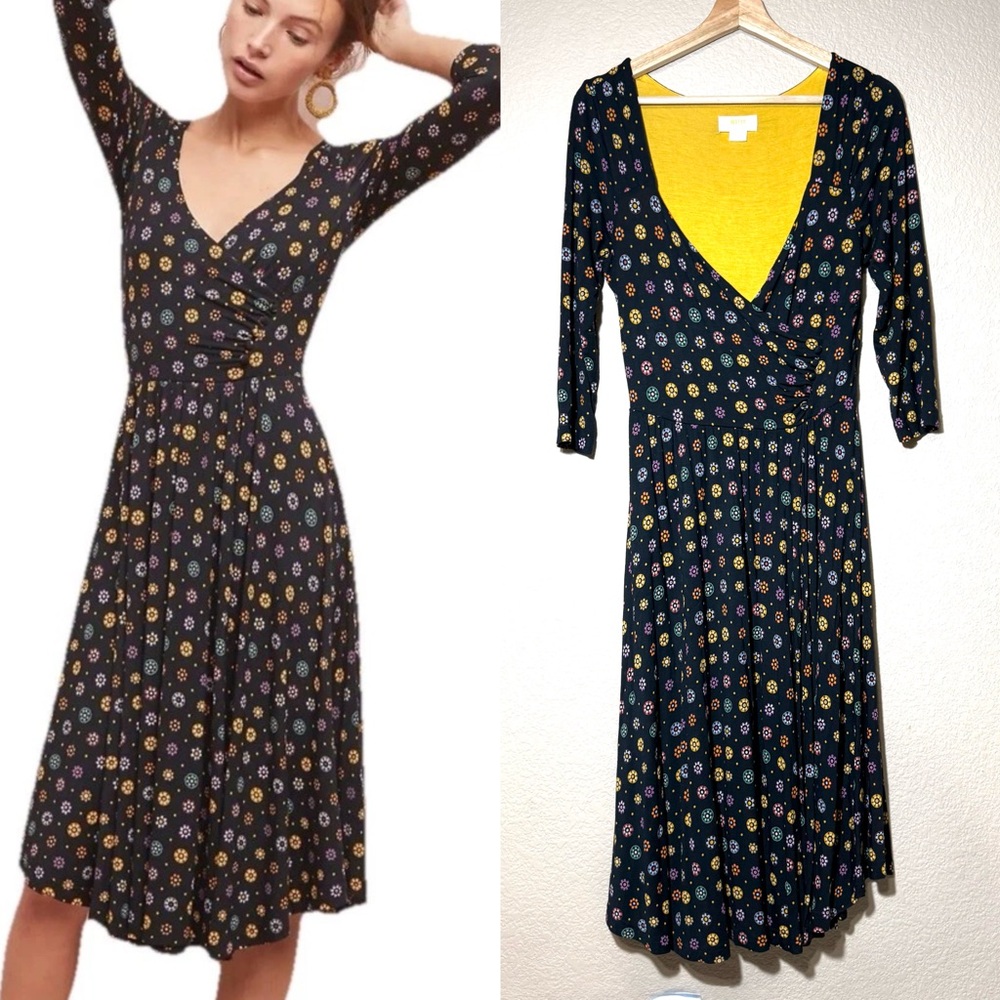 Anthropologie Maeve Dress Archival Floral Geometric Faux Wrap Midi Knee Boho M